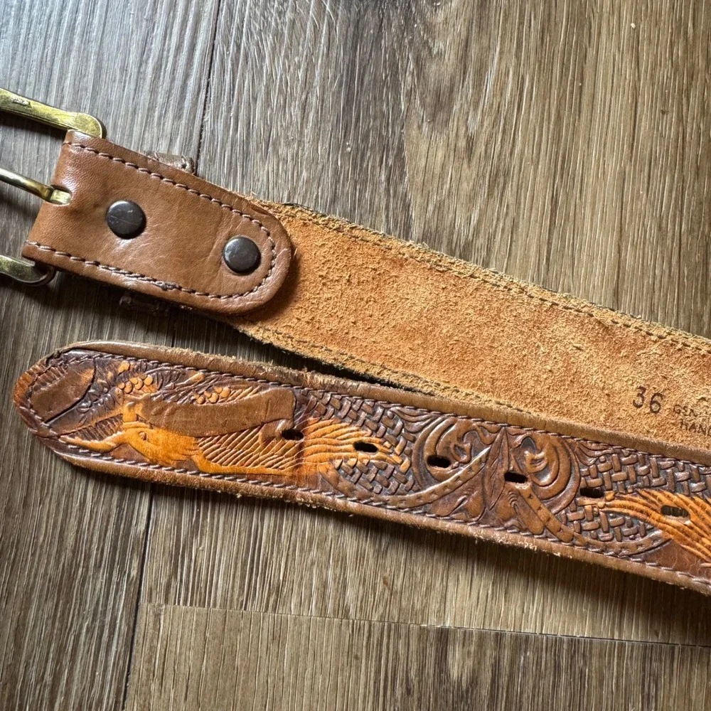Chambers Men's Belt Western Tooled Leather Eagle Brown Size 36